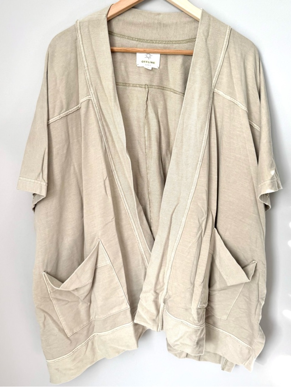 OFFLINE by Aerie Tan Oversized Open Short Sleeve Cardigan Jacket with Pockets